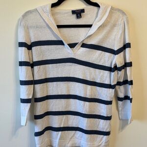 Chaps White and Navy Striped V-Neck Linen Summer Lightweight Sweater